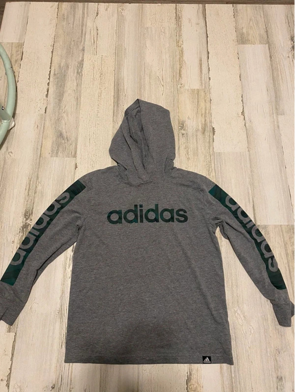Adidas Boys Size 8 Small Gray Green Hooded Long Sleeve Athletic Shirt